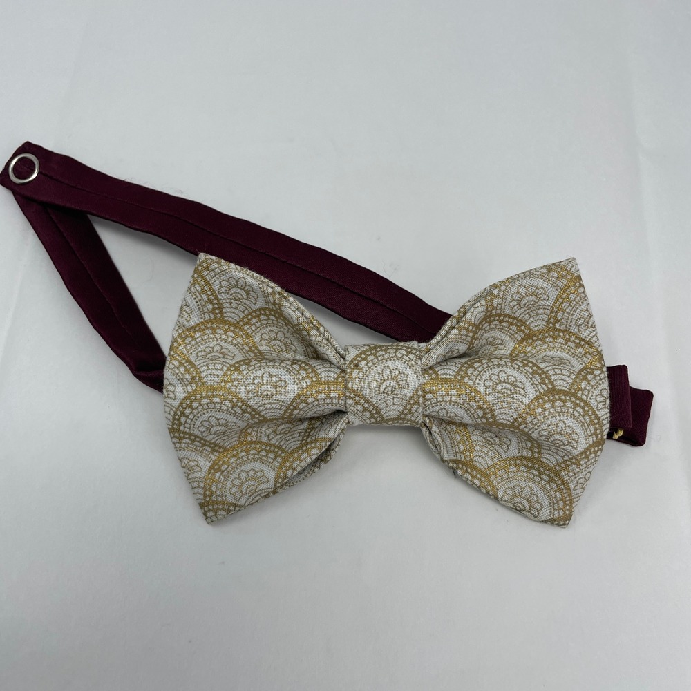 Gold Cream Scalloped Floral Pre-Tied Bow Tie Burgundy Adjustable Strap Formal